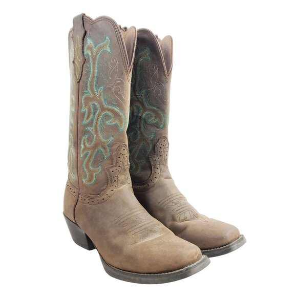 Justin Boots Shoes - Justin Womens Size 7 Brown Leather Western Cowboy Boots With Turquoise